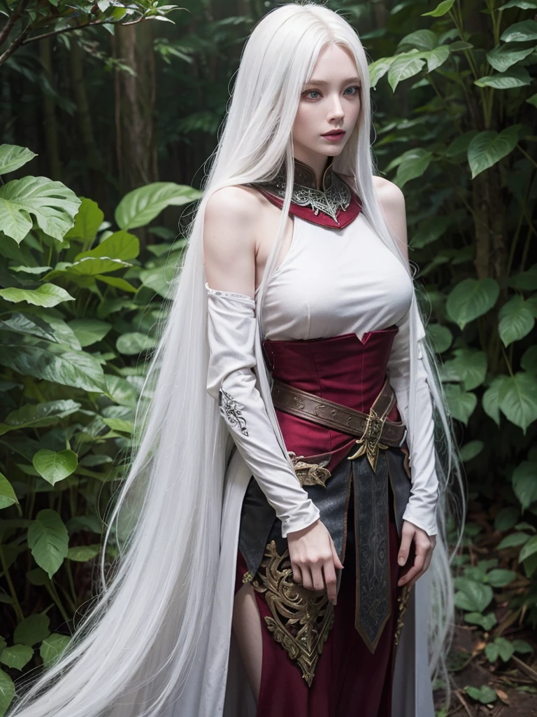 Long white hair, cate features, white skin, Fantasy world. Adventurer style with armor on the shoulder and arms (ruby). In the forest.