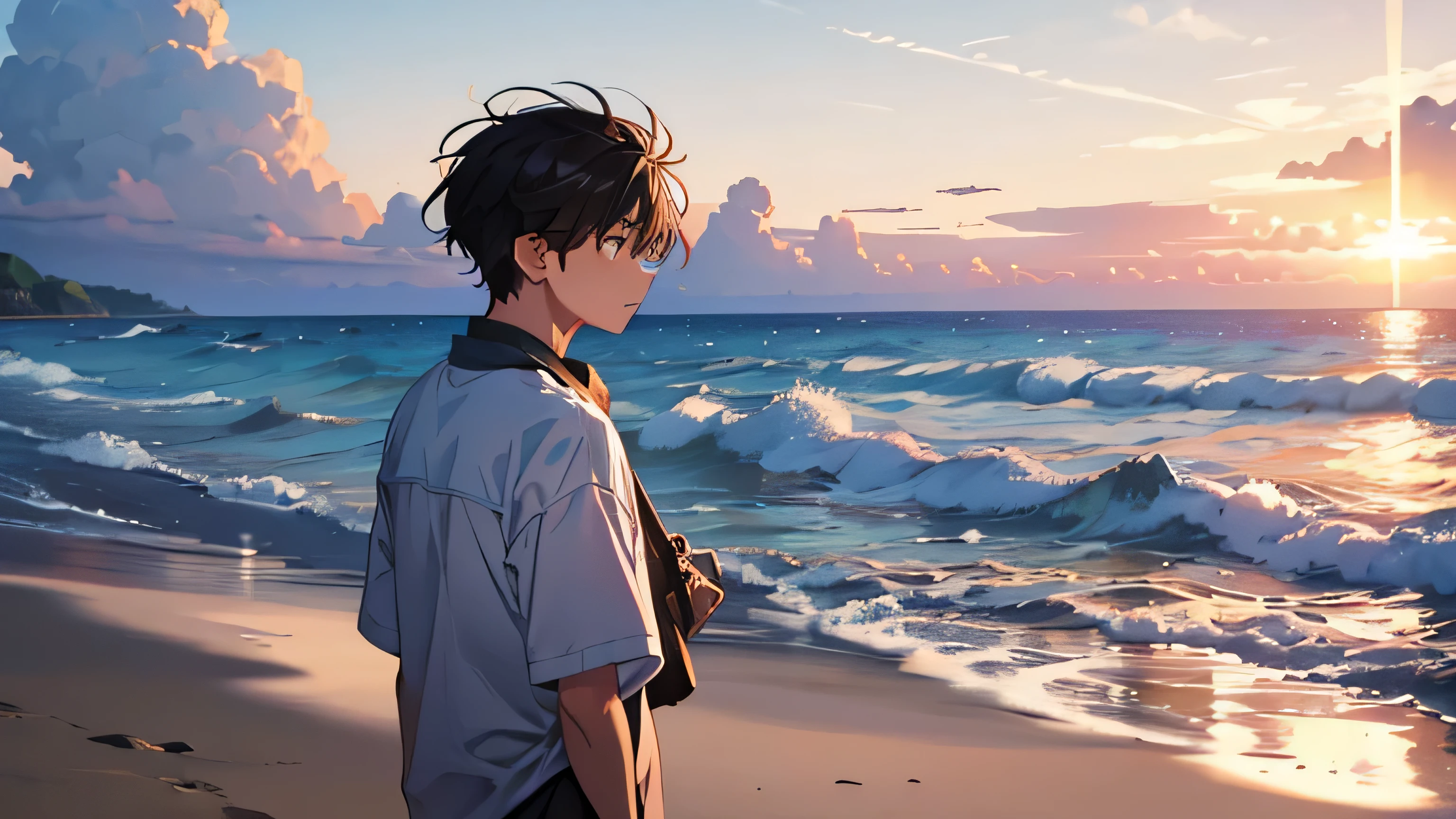 On the beach where the sunlight is dazzling、A young man gazing at the back of a girl playing with the waves