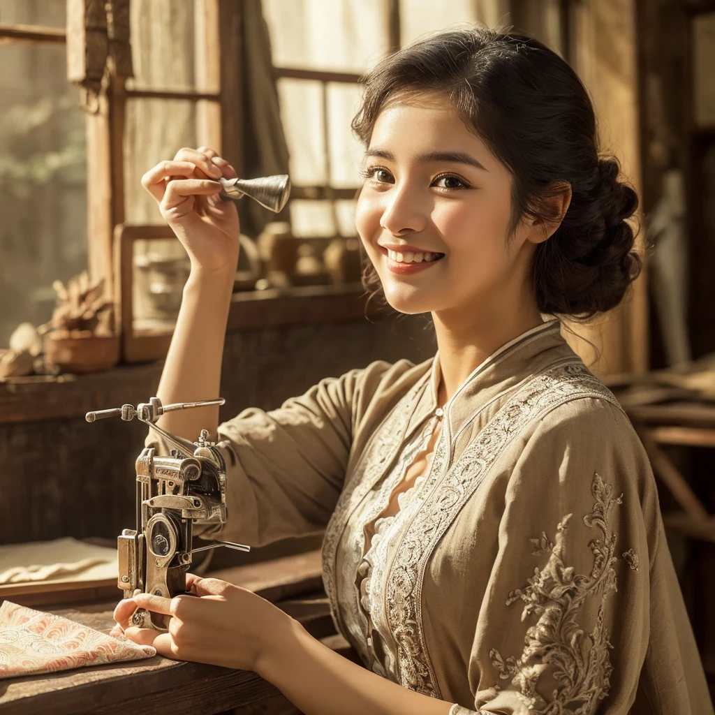 Indonesian woman with soft face working on sewing machine indoors, small manufacturing, instagram post, in the workshop, masterpiece of art, extraordinary masterpiece, beautiful craftsmanship, stitching, instagram photo, very consistent, batik, very strong, masterpiece, faridah malik, work , taken at golden hour, hard work, profile photo, facebook post, beautiful masterpiece. wearing a white t-shirt, beautiful face, shining black hair, brown eyes, curly eyelashes, white skin, smiling expression, nivanh chanthara , mai anh tran, dang my linh, beautiful ruan jia!, handsome girl, beautiful, in lam manh style, charming smile, with a cute face - smooth, beautiful, beautiful woman, fanart, sweet young woman, beautiful woman
stunning, (fine and intricate details:1.7)(RAW photo:1.3), (large scratches in some parts of the photo:1.8)(bright sepia toned photo) (noisy image:0.5) (perfect hand design:1.3), 1912, a beautiful young woman, black and white (19th century daguerreotype photo quality: 1.1), ( flash with magnesium: 1.6) , photo shoot, pre-raphaelitism, Auguste et Louis Lumière style. hand-held Victorian style, Very high resolution detail, photographic, realism pushed to the extreme, fine textures, very real Westworld film style, award winning, professional, highly detailed