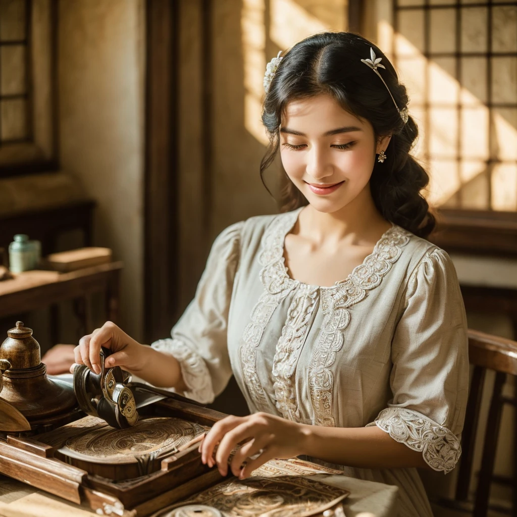 Indonesian woman with soft face working on sewing machine indoors, small manufacturing, instagram post, in the workshop, masterpiece of art, extraordinary masterpiece, beautiful craftsmanship, stitching, instagram photo, very consistent, batik, very strong, masterpiece, faridah malik, work , taken at golden hour, hard work, profile photo, facebook post, beautiful masterpiece. wearing a white t-shirt, beautiful face, shining black hair, brown eyes, curly eyelashes, white skin, smiling expression, nivanh chanthara , mai anh tran, dang my linh, beautiful ruan jia!, handsome girl, beautiful, in lam manh style, charming smile, with a cute face - smooth, beautiful, beautiful woman, fanart, sweet young woman, beautiful woman
stunning, (fine and intricate details:1.7)(RAW photo:1.3), (large scratches in some parts of the photo:1.8)(bright sepia toned photo) (noisy image:0.5) (perfect hand design:1.3), 1912, a beautiful young woman, black and white (19th century daguerreotype photo quality: 1.1), ( flash with magnesium: 1.6) , photo shoot, pre-raphaelitism, Auguste et Louis Lumière style. hand-held Victorian style, Very high resolution detail, photographic, realism pushed to the extreme, fine textures, very real Westworld film style, award winning, professional, highly detailed