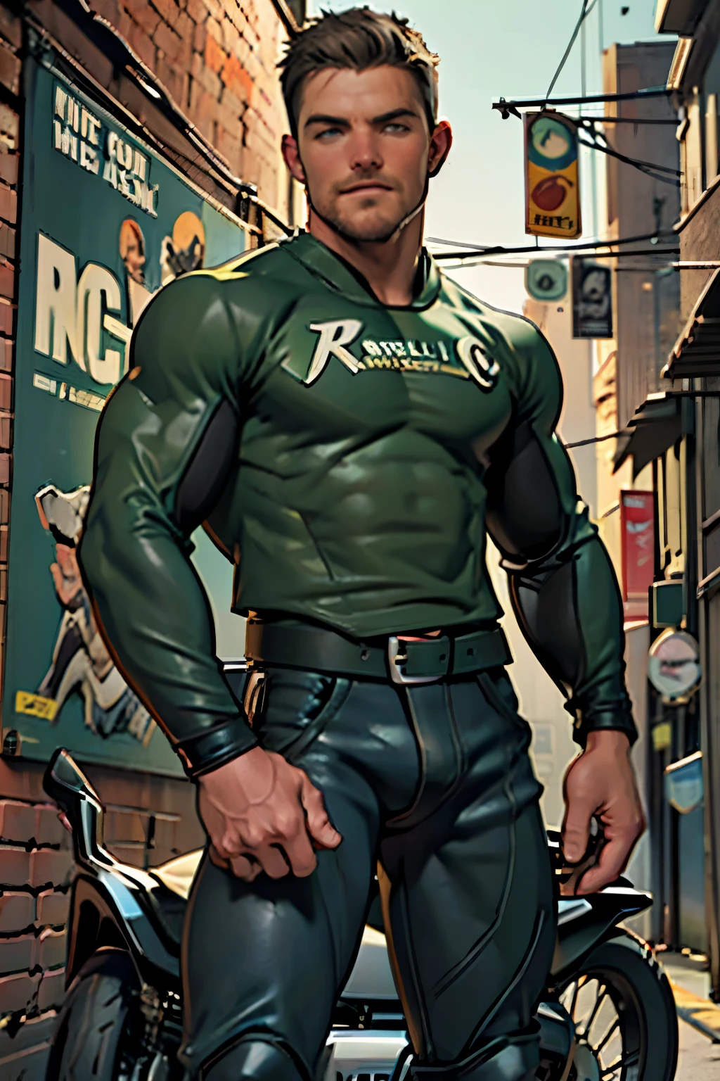 32k, high quality , detailed face , detailed hands , detailed muscles detailed motorcycle , (((stephen amell))) standing near his (((motorcycle 1.2))), posing in a street ,standing with spread legs, showing his muscles, shirtless wearing a very very low dark green pants with brown belt, background brick wall with men health posters