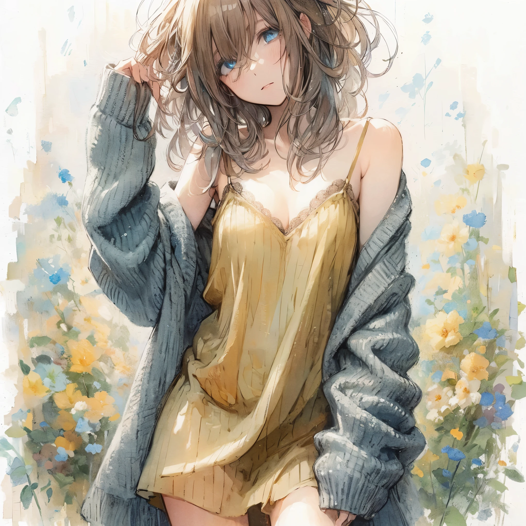 Official art using high-quality hand-drawn watercolor sketch techniques. (best quality,4k,8k,highres,masterpiece:1.2),ultra-detailed,beautiful detailed eyes,A girl with beautiful eyes, everyone, beautiful anime girl, cute anime girl, smooth anime art, anime style, elegant colors, soft lighting, delicate beautiful eyes, very coquettish, (beautiful large breast:1.2), (correct hands:1.2),