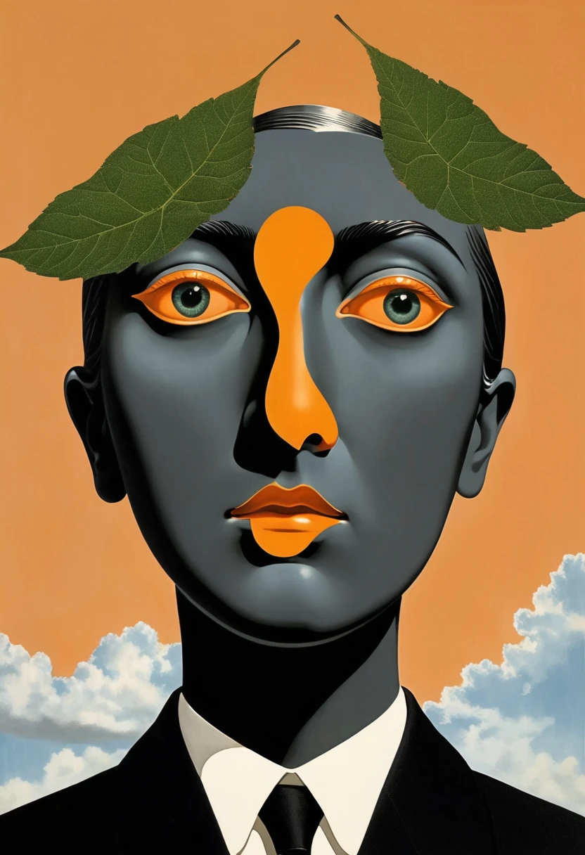 René Magritte，Weird dislocation art in the sky：Collage画，There are many different things on the face，leaf，Geometric Dislocation，Collage,Hollow，Artistic sense，Painting，paint，Simple，Black and Orange