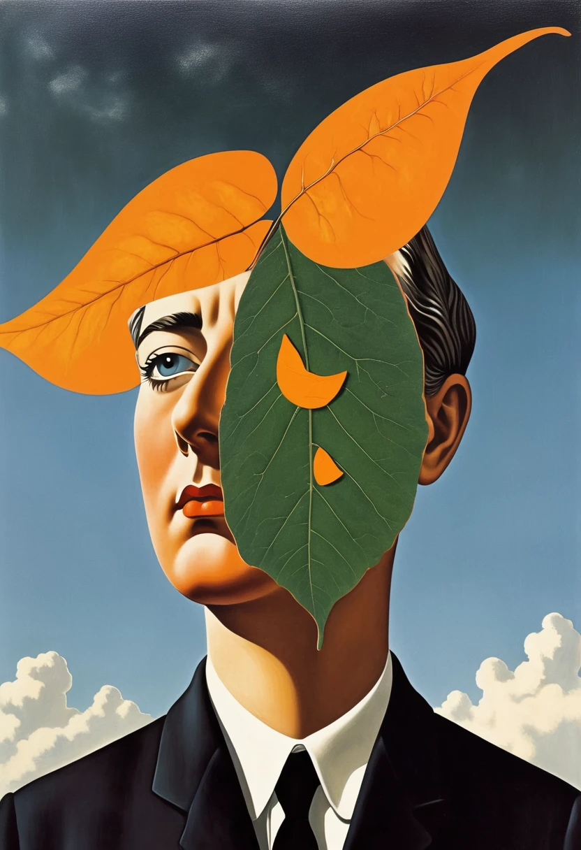 René Magritte,Weird dislocation art in the sky:Collage画,There are many different things on the face,leaf,Geometric Dislocation,Collage,Hollow,Artistic sense,Painting,paint,Simple,Black and Orange