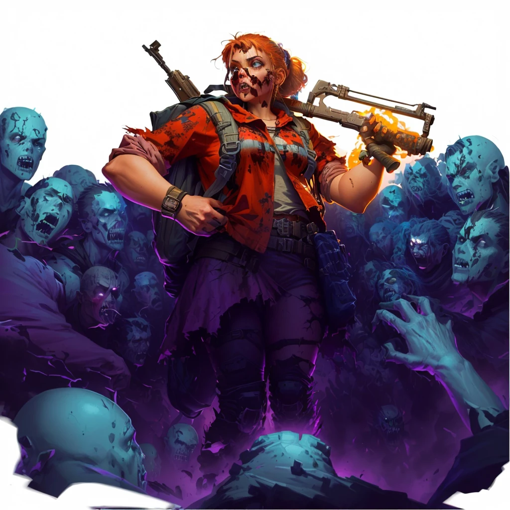 a woman with a backpack standing in front of a bunch of zombies, background artwork, character art the contra, horde of zombies, epic full color illustration, epic digital art illustration, zombie in horror concept art, james edmiston, epic game portrait, inspired by Alex Horley, by Alex Horley, epic video game art, detailed game art illustration