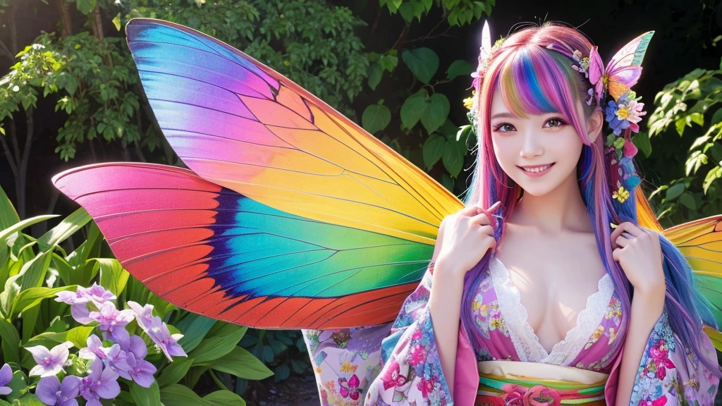 High resolution　Beautiful Skin　Detailed Images　pretty girl　Villain　Rainbow Hair　Fairy　Butterfly Wings　smile　Plant Kimono　middle ages　garden