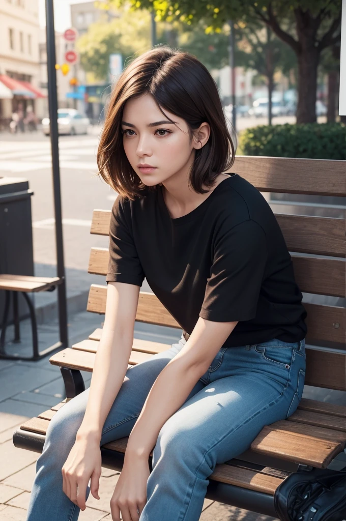 Create a realistic image, the character is a man with short brown hair, brown eyes, fair skin, black blouse, jeans and black sneakers. He sits on a bench in a square with a tired face. Ensure the illustration has a warm and inviting atmosphere, the image is rendered in high definition, capturing the exciting essence of the moment, and the composition exudes cinematic quality, Typography, Concept Art, Photo, Illustration, 3D Rendering, Cinematic , poster, vibrant, portrait photography, that is visually appealing to young people, use vibrant colors.