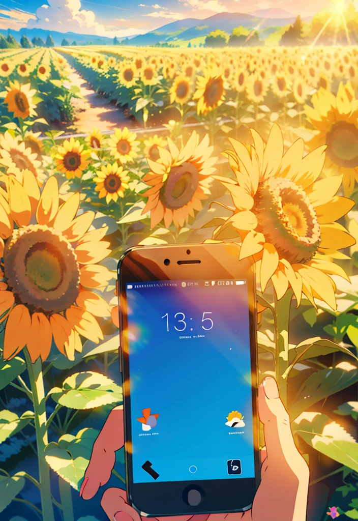 Beautiful scenery of sunflower field on my phone screen.