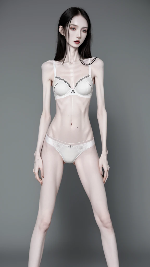 a woman, very thin body, body visible bones, very slender , sweaty weat body, pale white skin, panties, bra,tatto, full body, school background