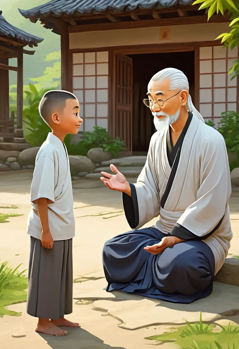 create a cartoon style  a zen master talking with a boy in a village