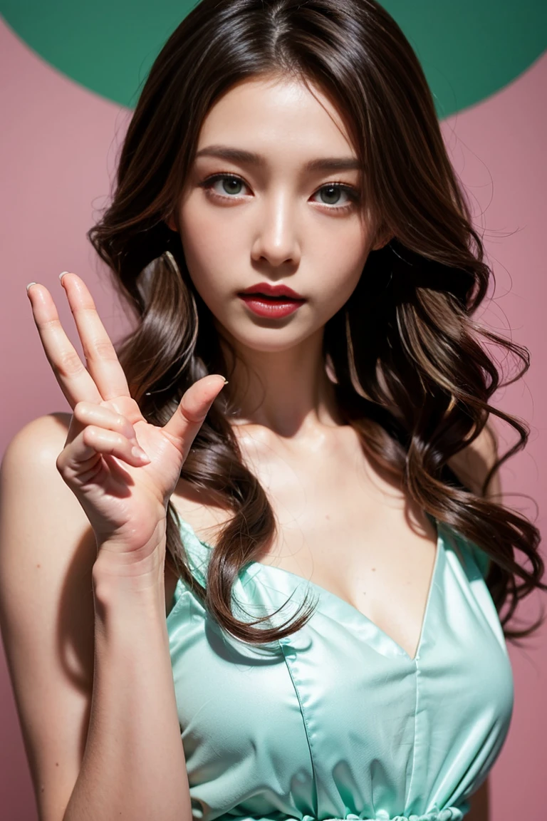 (nude)Wavy long hair, Brown Hair, One girl, Emerald Eyes, Shake with two fingers, Pink Lips, Pastel Green Dress,