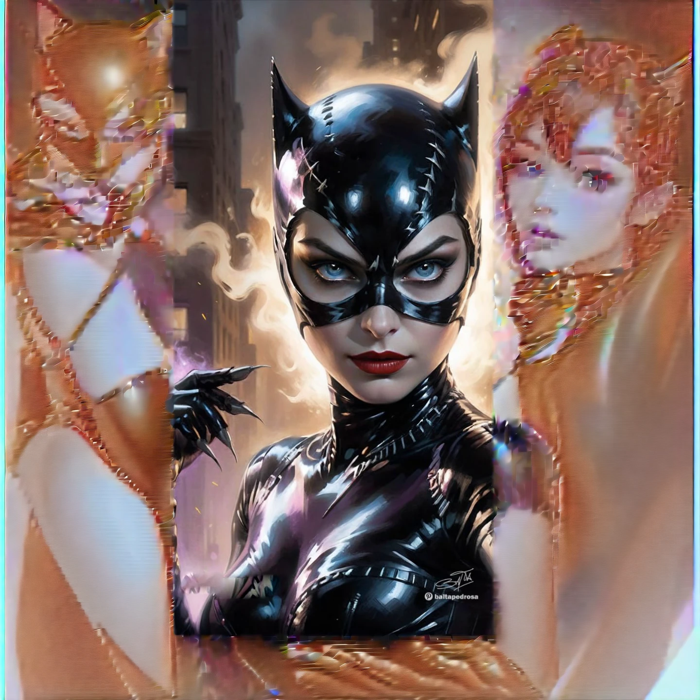 Female、Catwoman、Black vinyl bodysuit、Black Cat Mask、Full body image、Gotham city、