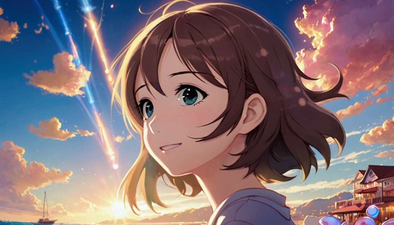 Feminized Maple Manyo, anime style, profile, seaside cafe, relaxing with a cup of coffee, girl with long hair, large eyes, beautiful, city pop style fashion, ocean in front of her eyes