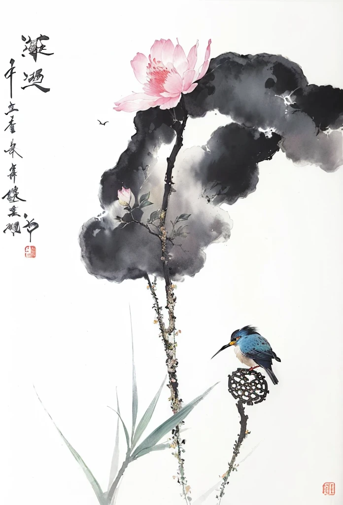 There is a painting，The painting shows a bird and a flower on a branch, traditional chinese Ink Painting, Ink Painting ) ) ) ), chinese Ink Painting, 中traditional Chinese painting风格, traditional Chinese painting, author：Gong Kai, author：Luo Mu, Ink Painting, intricate Ink Painting, by Zhu Da, Chinese style, by Zhou Shuxi, author：Xu Xi