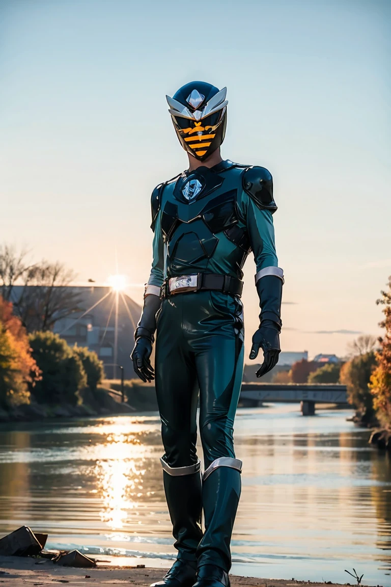 1boy, full body, Illustration, cinematic light, high resolution, best quality, ultra-detailed, masterpiece, power suit, powerranger, suit, spd, (black ranger suit), The sunset flies with the lonely geese in the distance, and the autumn river water and the vast sky are connected, icons,