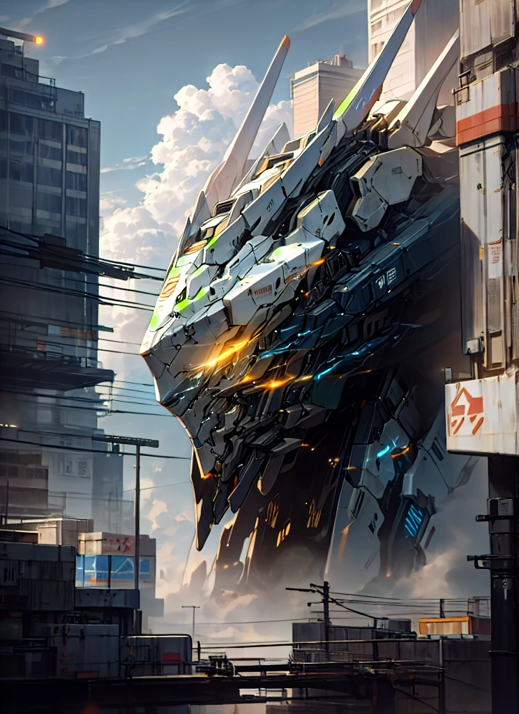 sky, cloud, holding_weapon, no_humans, glowing, , robot, building, glowing_eyes, mecha, science_fiction, city, realistic,mecha