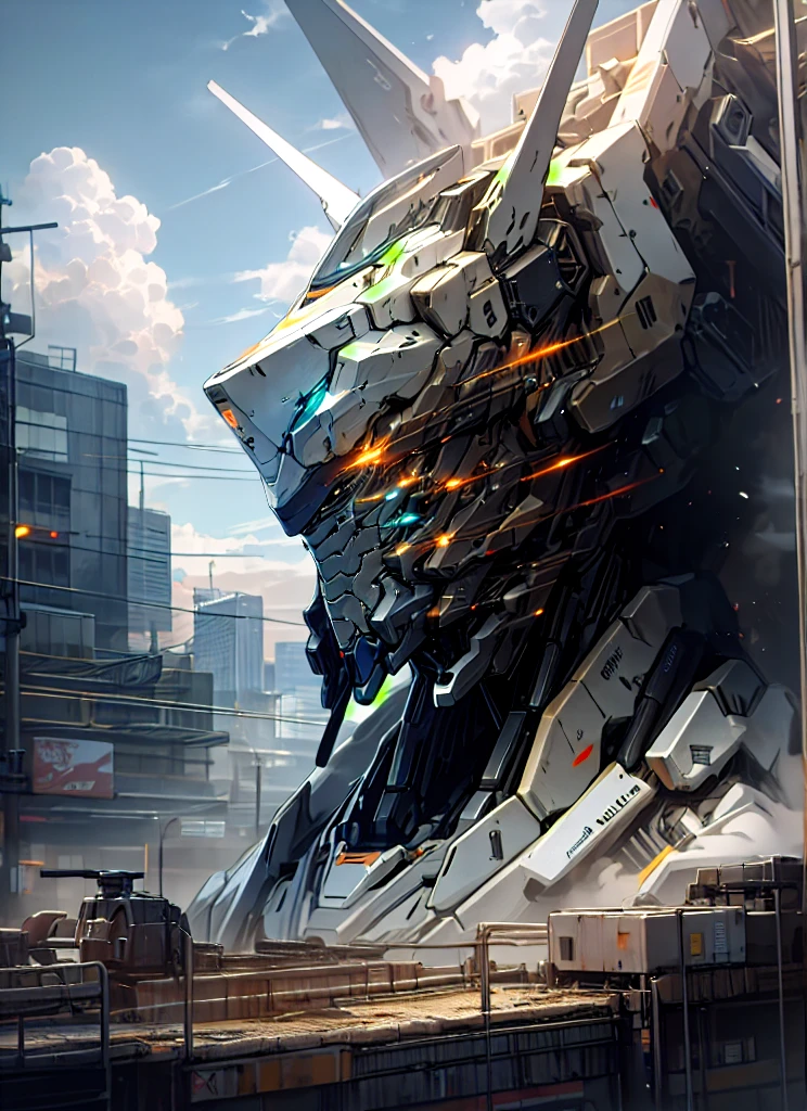 sky, cloud, holding_weapon, no_humans, glowing, , robot, building, glowing_eyes, mecha, science_fiction, city, realistic,mecha