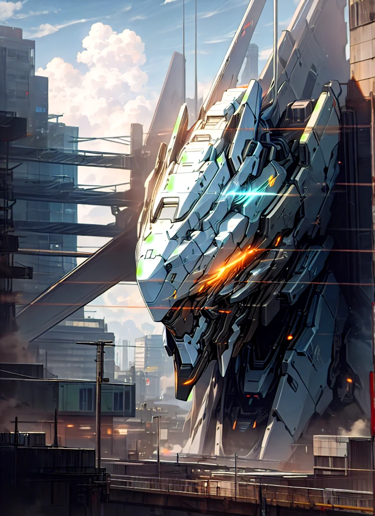 sky, cloud, holding_weapon, no_humans, glowing, , robot, building, glowing_eyes, mecha, science_fiction, city, realistic,mecha