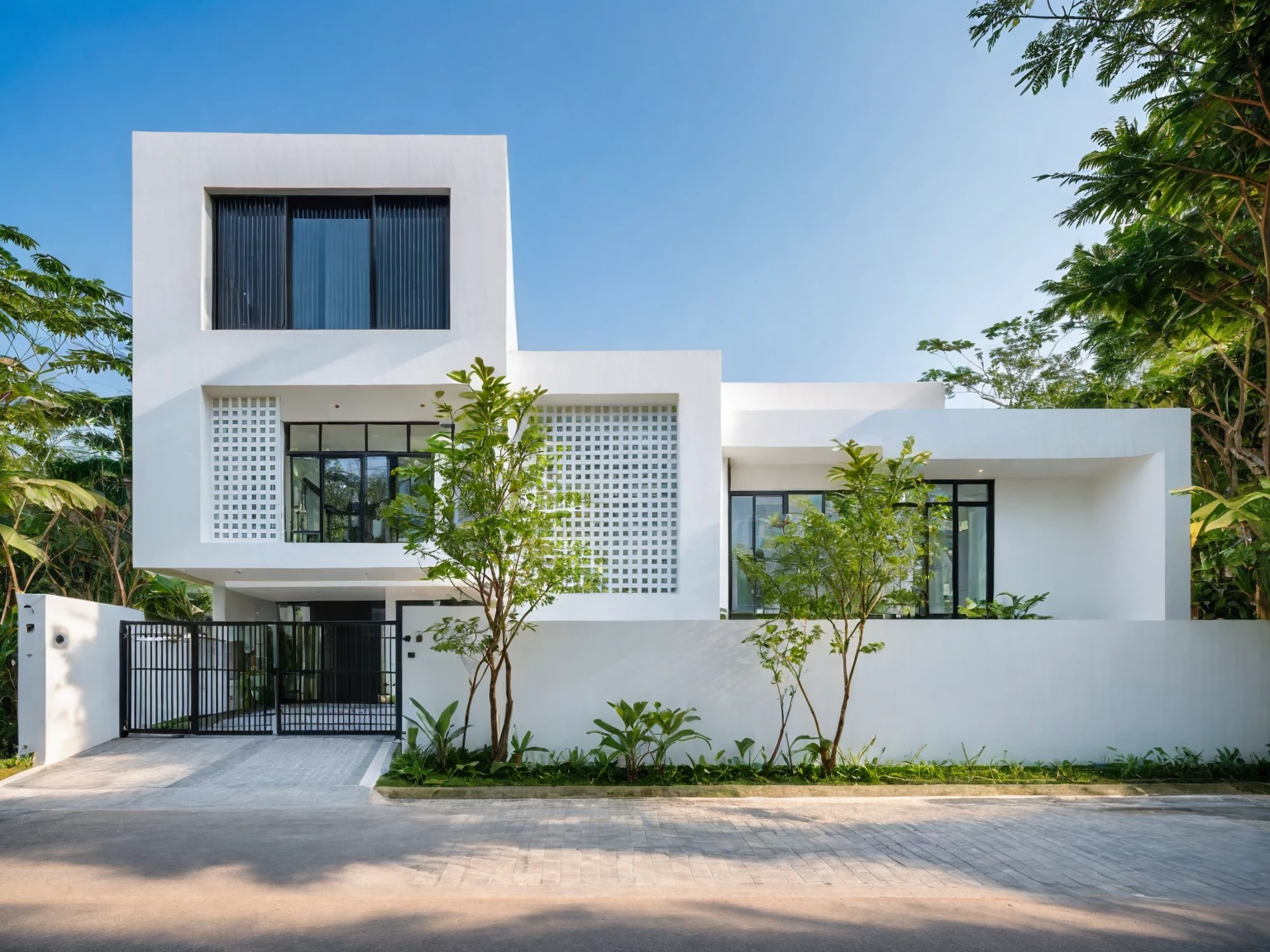 RAW photo , A white minimalism woodandwhite modern house with a double story and simple architecture, surrounded by trees in the yard of Vietnam, featuring a black metal gate and fence, landscape design, natural light, clear sky, blue background, high resolution photography, architectural photography, architectural appearance. The building has square windows made from white ceramic tiles, while the walls feature grid designs, There is also an entrance to another home nearby in the style of architectural photography, road, sidewalk, sidewalk trees, 8k uhd, dslr, soft lighting, high quality, film grain, Fujifilm XT3