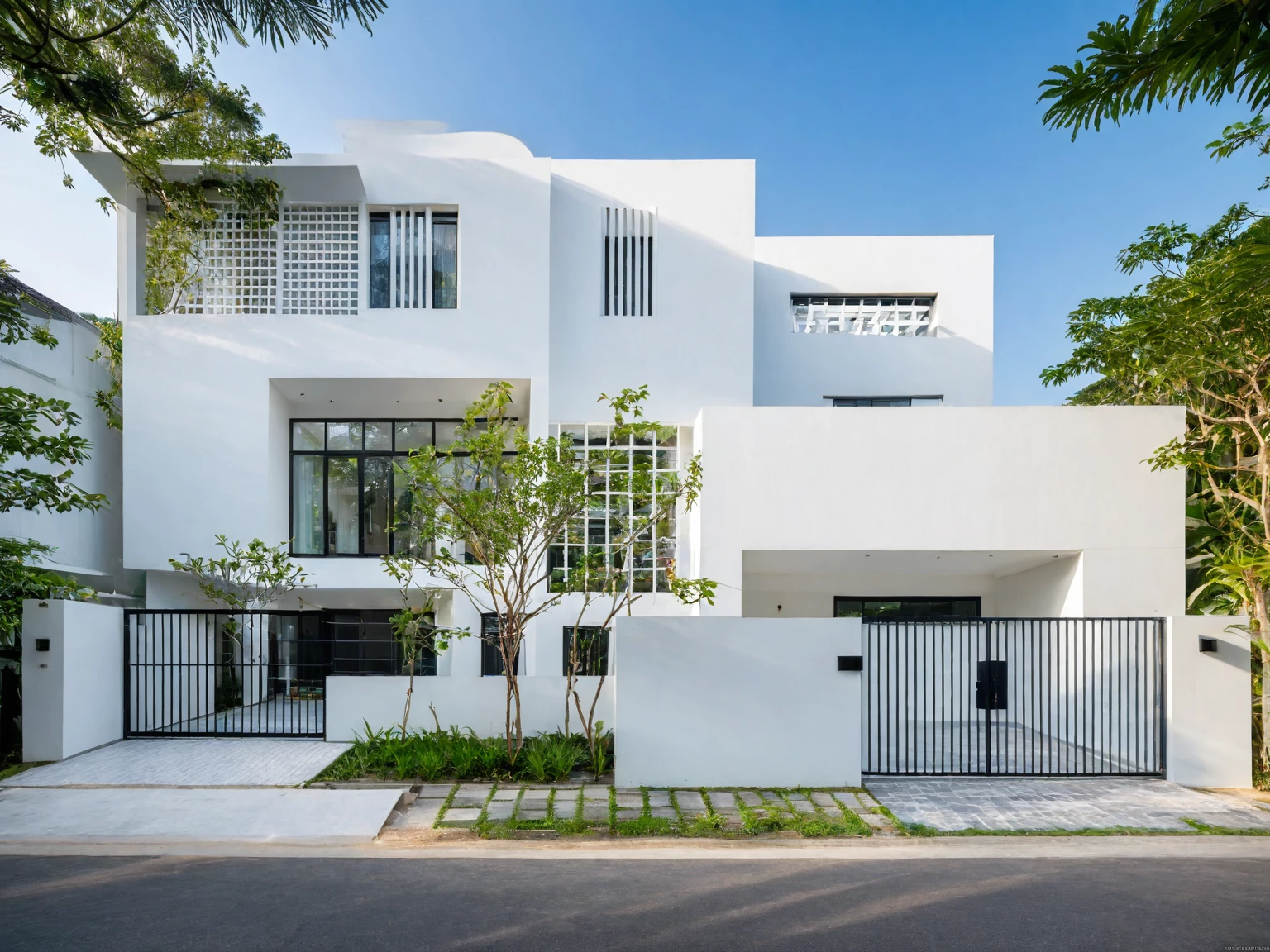 RAW photo , A white minimalism woodandwhite modern house with a double story and simple architecture, surrounded by trees in the yard of Vietnam, featuring a black metal gate and fence, landscape design, natural light, clear sky, blue background, high resolution photography, architectural photography, architectural appearance. The building has square windows made from white ceramic tiles, while the walls feature grid designs, There is also an entrance to another home nearby in the style of architectural photography, road, sidewalk, sidewalk trees, 8k uhd, dslr, soft lighting, high quality, film grain, Fujifilm XT3