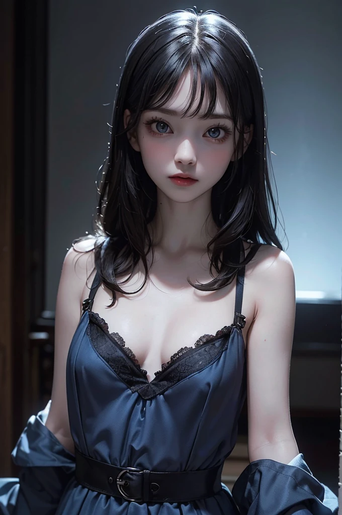 Highest quality, masterpiece, look up, cute,(Horror),(((Beautiful girl))),(Sexy),(sexy),((Small breasts)),Baby Face,(Date Clothes),(Middle school students),Black Hair,Bobcut,((Masturbation)),Beautiful Style,((Pale skin)),Sensual look,Embarrassed,Sexy表情,Heavy makeup,Expressions of delight,(Dark atmosphere),(Dark atmosphere,fear),((Dim lighting))