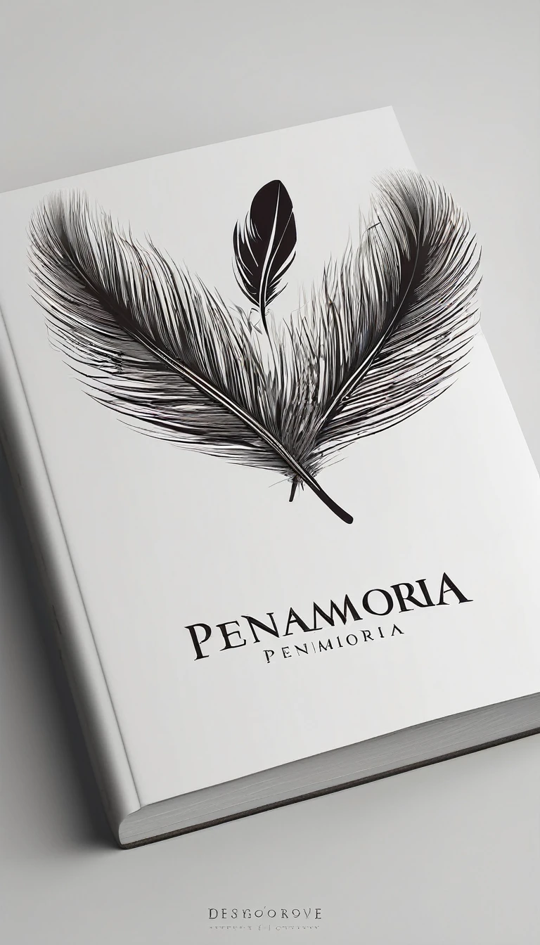 A minimal, modern, simple, cinematic logotype for the brand “Penamemoria". The logotype must be a simple, magical feather of memories. The logo must convey a sense of music, stories and dreams. Logo design impressed on a book cover. Minimalistic logo