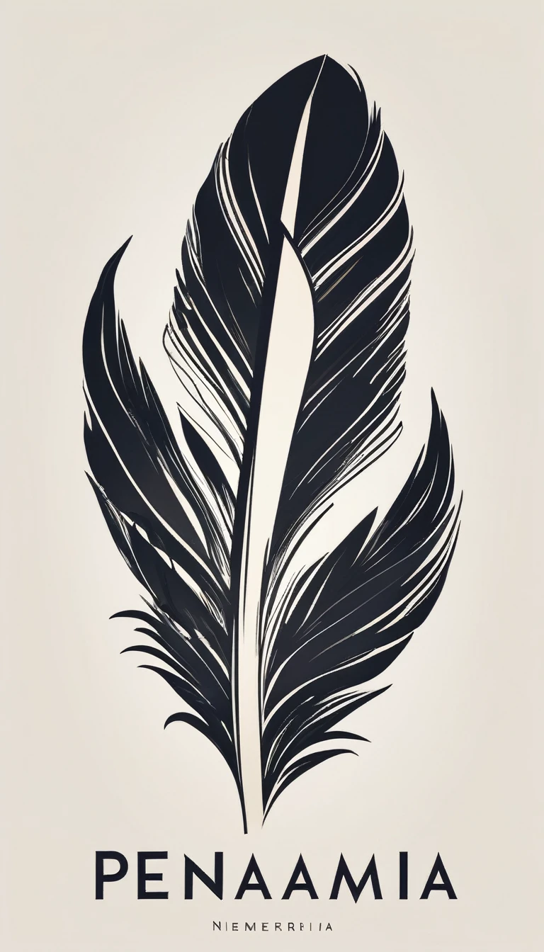 A minimal, modern, simple, cinematic logotype for the brand “Penamemoria". The logotype must be a simple, magical feather of memories. The logo must convey a sense of music, stories and dreams. Logo design impressed on a book cover. Minimalistic logo
