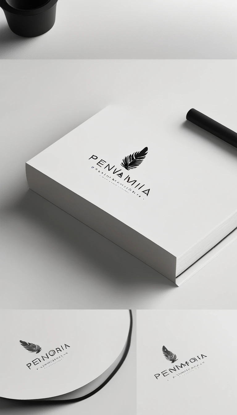 A minimal, modern, simple, cinematic logotype for the brand “Penamemoria". The logotype must be a simple, magical feather of memories. The logo must convey a sense of music, stories and dreams. Logo design impressed on a book cover. Minimalistic logo