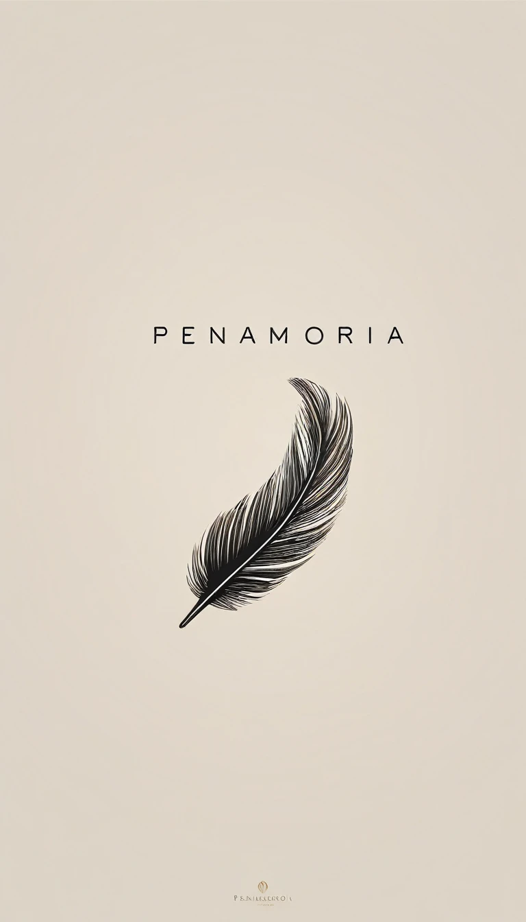 A minimal, modern, simple, cinematic logotype for the brand “Penamemoria". The logotype must be a simple, magical feather of memories. The logo must convey a sense of music, stories and dreams. Logo design impressed on a book cover. Minimalistic logo