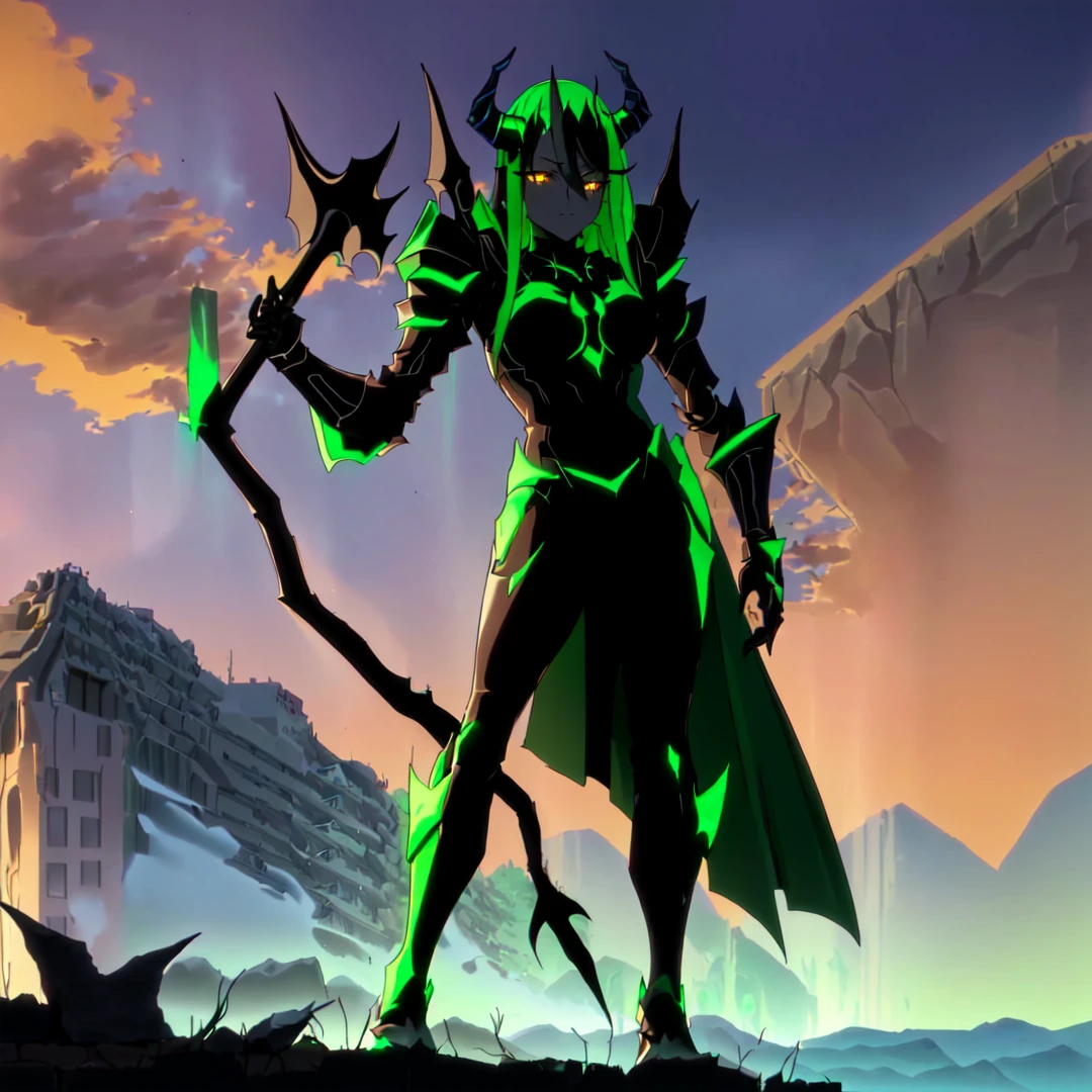 there is a cartoon image of a demon with horns and horns, demon armor, shadow armor, dark goddess, demon hero, style of duelyst, sleek glowing armor, demon soul concept art, dark sorceress full view, dark armor, black shiny armor, demon, humanoid form, dark shadow girl, dark silhouette, glowing yellow eyes, green pattern