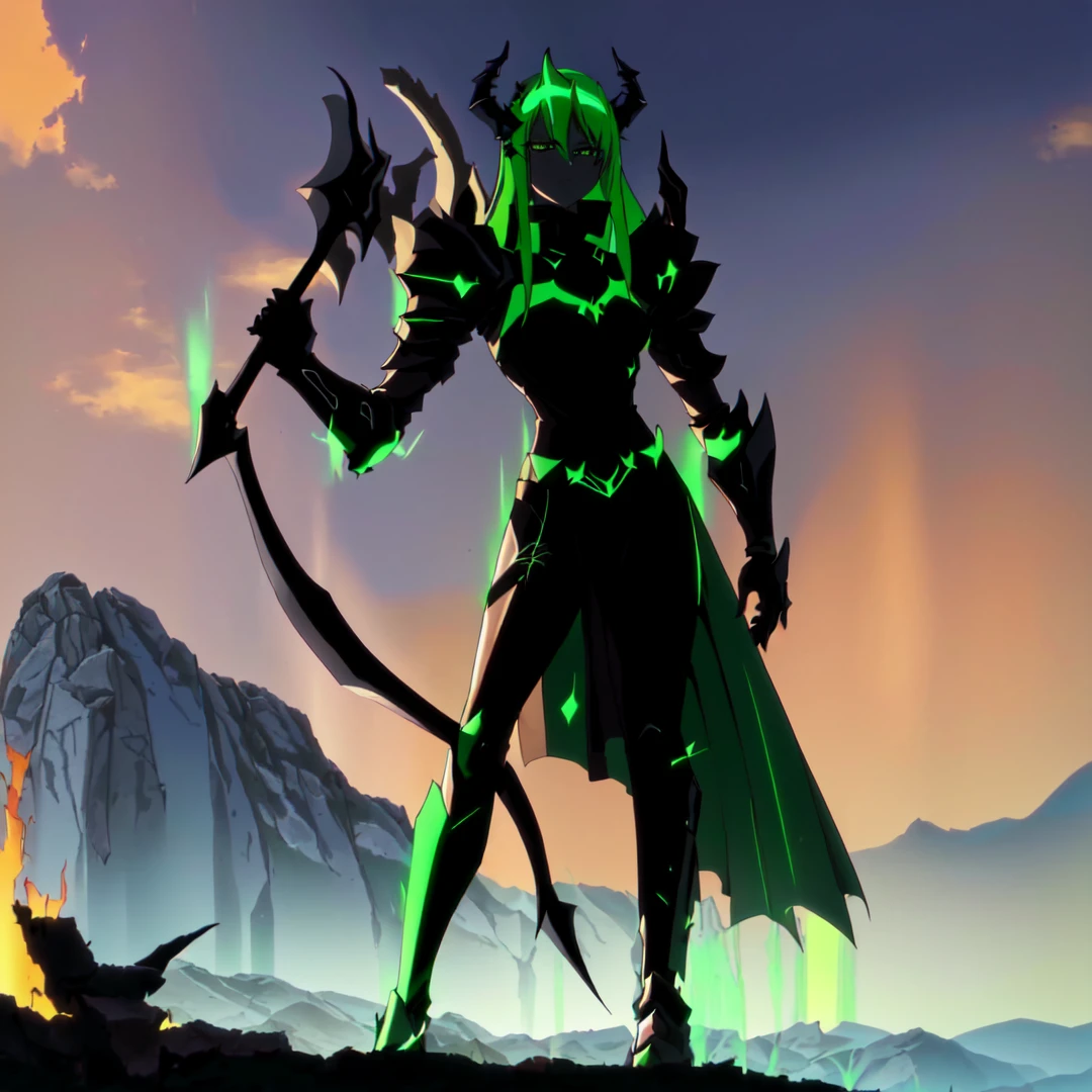 there is a cartoon image of a demon with horns and horns, demon armor, shadow armor, dark goddess, demon hero, style of duelyst, sleek glowing armor, demon soul concept art, dark sorceress full view, dark armor, black shiny armor, demon, humanoid form, dark shadow girl, dark silhouette, glowing yellow eyes, green pattern