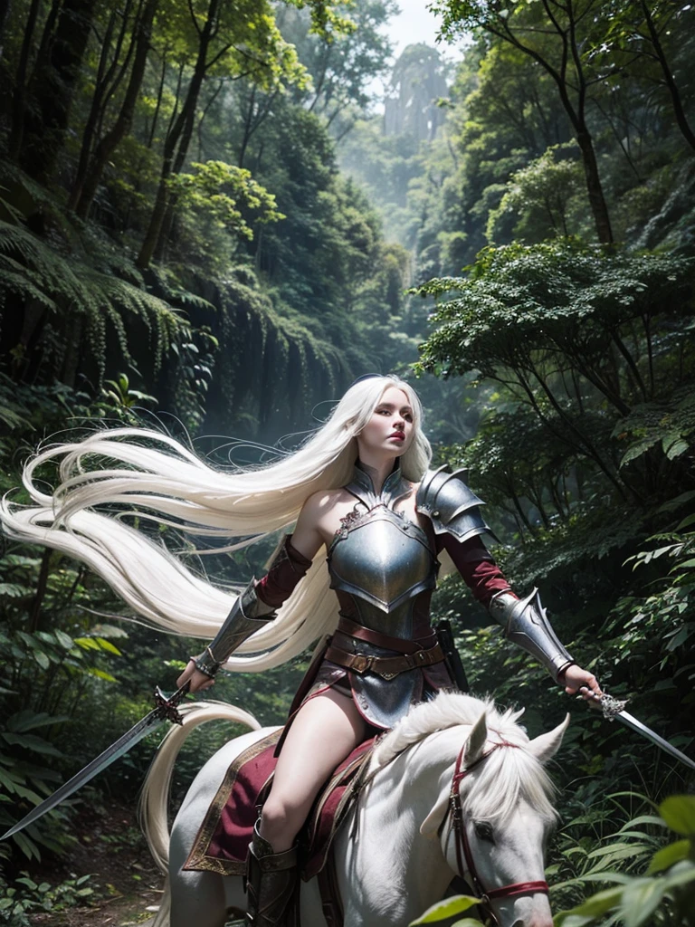 Long white hair, cate features, white skin, Fantasy world. Adventurer style with armor on the shoulder and arms (ruby). In the forest. Armor on the shoulders and a magical cool sword on the hilt.