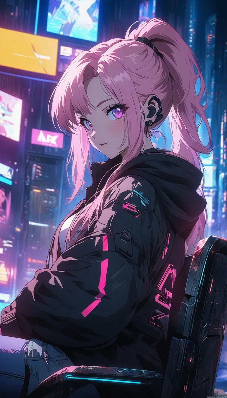 anime girl with pink hair sitting on a chair in a neon city, cyberpunk anime girl in hoodie, cyberpunk anime girl, anime style 4 k, anime cyberpunk art, best anime 4k konachan wallpaper, digital cyberpunk anime art, female cyberpunk anime girl, digital cyberpunk - anime art, cyberpunk anime art, anime cyberpunk, cyberpunk streetwear, cyberpunk art style