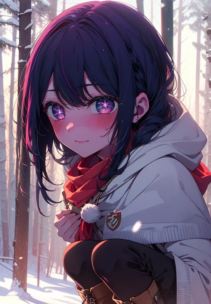 aihoshino, Ai Hoshino, Long Hair, bangs, (Purple eyes:1.1), Purple Hair, (Symbol-shaped pupil:1.5), smile,,smile,blush,White Breath,
Open your mouth,snow,Ground bonfire, Outdoor, boots, snowing, From the side, wood, suitcase, Cape, Blurred, , forest, White handbag, nature, Squat, Mouth closed, Cape, winter, Written boundary depth, Black shoes, red Cape break looking at viewer, Upper Body, whole body, break Outdoor, forest, nature, break (masterpiece:1.2), Highest quality, High resolution, unity 8k wallpaper, (shape:0.8), (Beautiful and beautiful eyes:1.6), Highly detailed face, Perfect lighting, Extremely detailed CG, (Perfect hands, Perfect Anatomy),