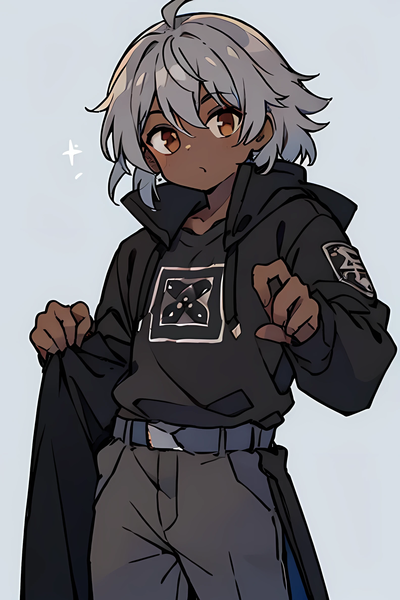 Anime boy, Gray fluffy hair, dark brown skin, brown eyes, black, black sweatshirt, thin, tall, no background.