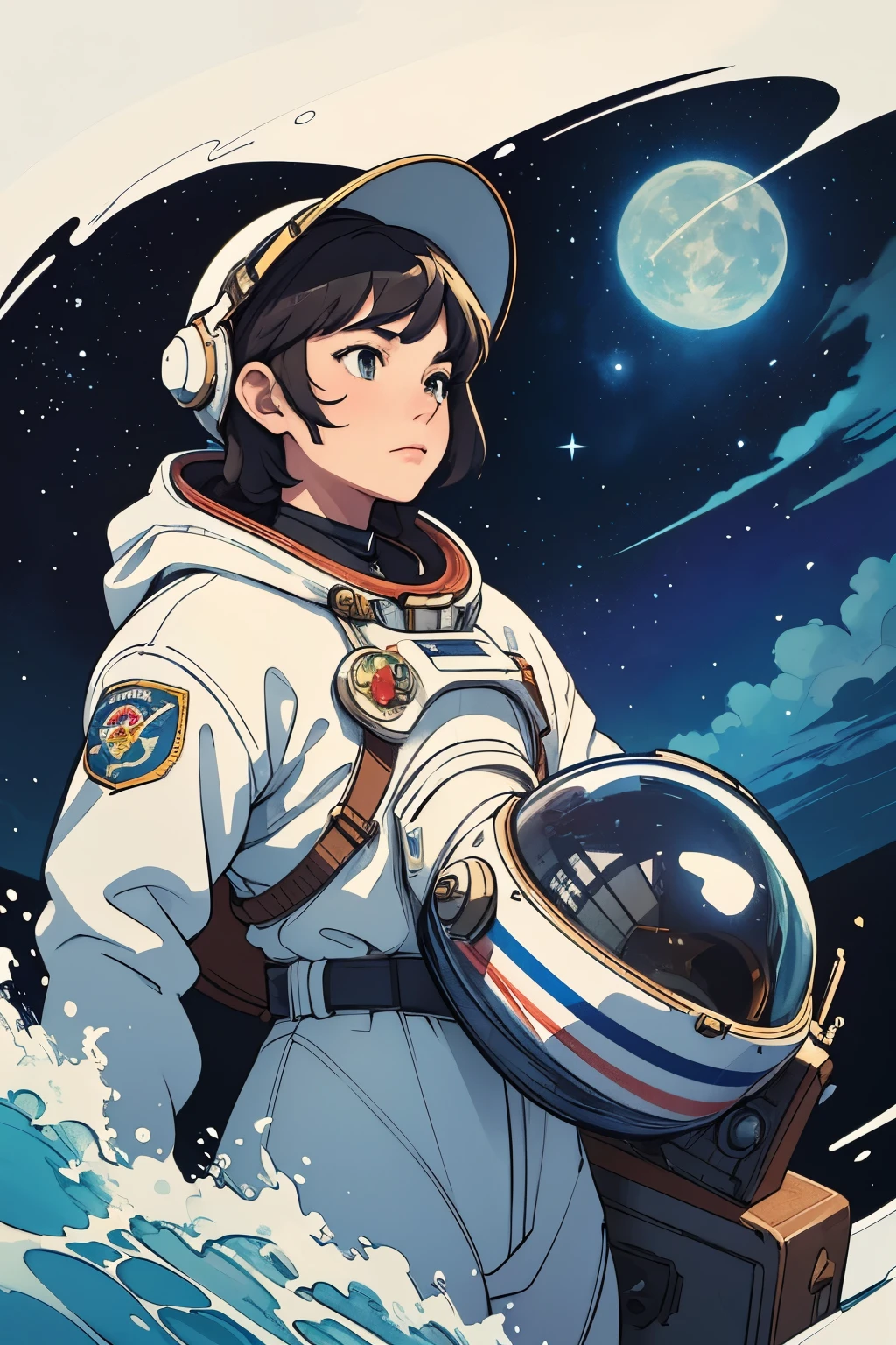 Beautiful and aesthetic, masterpiece, poster, best quality, The painting depicts an astronaut wearing a vintage space suit,Wearing a big helmet,Strike a dramatic pose in front of a steam train, Old train water and waves huge moon, Heavenly, Star, Vibrant colors, Abstract, author:James Jean Style, Fantasy elements,Watercolor comic style,The feeling of wandering the earth