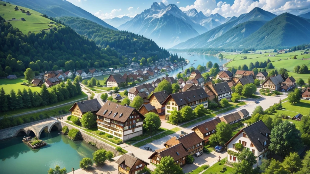 Beautiful scene of ancient Swiss village, Aerial view, Photorealistic photos, High definition. 