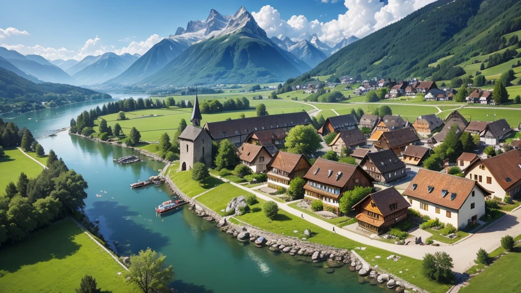Beautiful scene of ancient Swiss village, Aerial view, Photorealistic photos, High definition. 