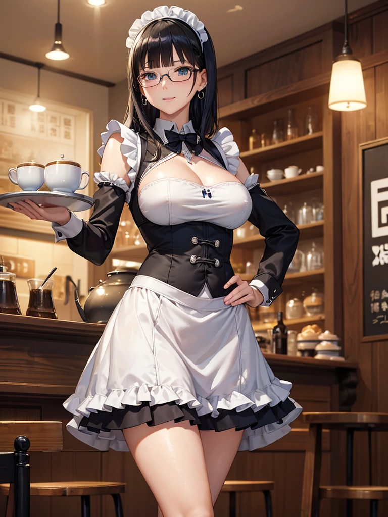 nsfw, Detailed Background, (((独奏))), ((Excellent anatomy: 1.2)), (One beautiful 35 year old woman:1.5), (Black Hair, Shortcuts, blunt bangs), Big Tits, (Blue Eyes), (Beautiful Eyes), (Miniskirt maid costume:1.3), (Silver-rimmed glasses:1.2), (Holding a tea set on a tray in her right hand), (Place your left hand on your hip), grin, Earrings, Walking inside a coffee shop, Cowboy Shot