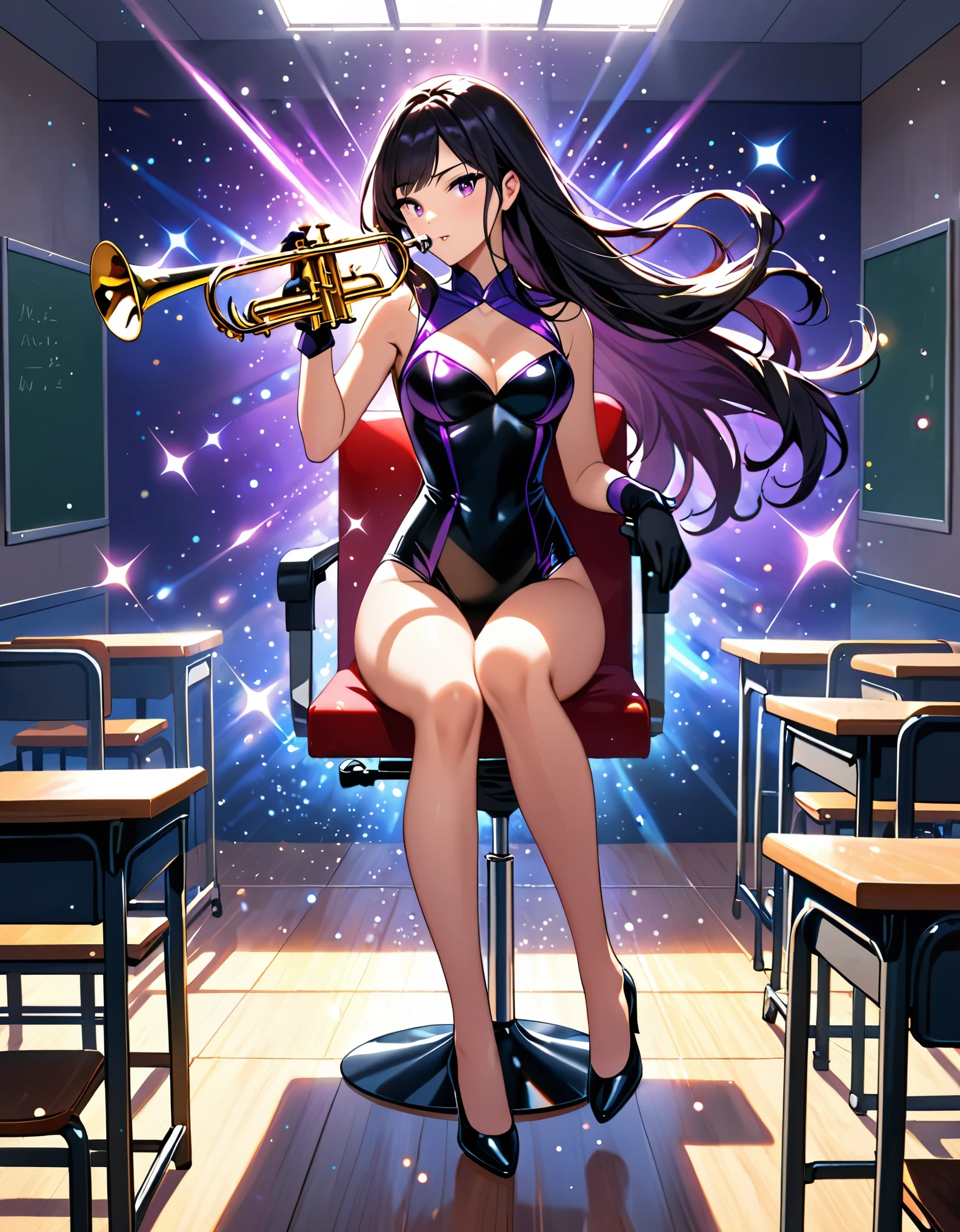masterpiece, best quality, highres, 1girl, solo, magician, superhero, leotard, bare legs, matching shoes, gloves, looking at viewer, empty classroom, soft lighting, leotard, black hair, purple eyes, medium breasts, long hair, sitting in a chair, full body, light particles, magic, hair down, cool, holding and playing a brass musical instrument, (trumpet)