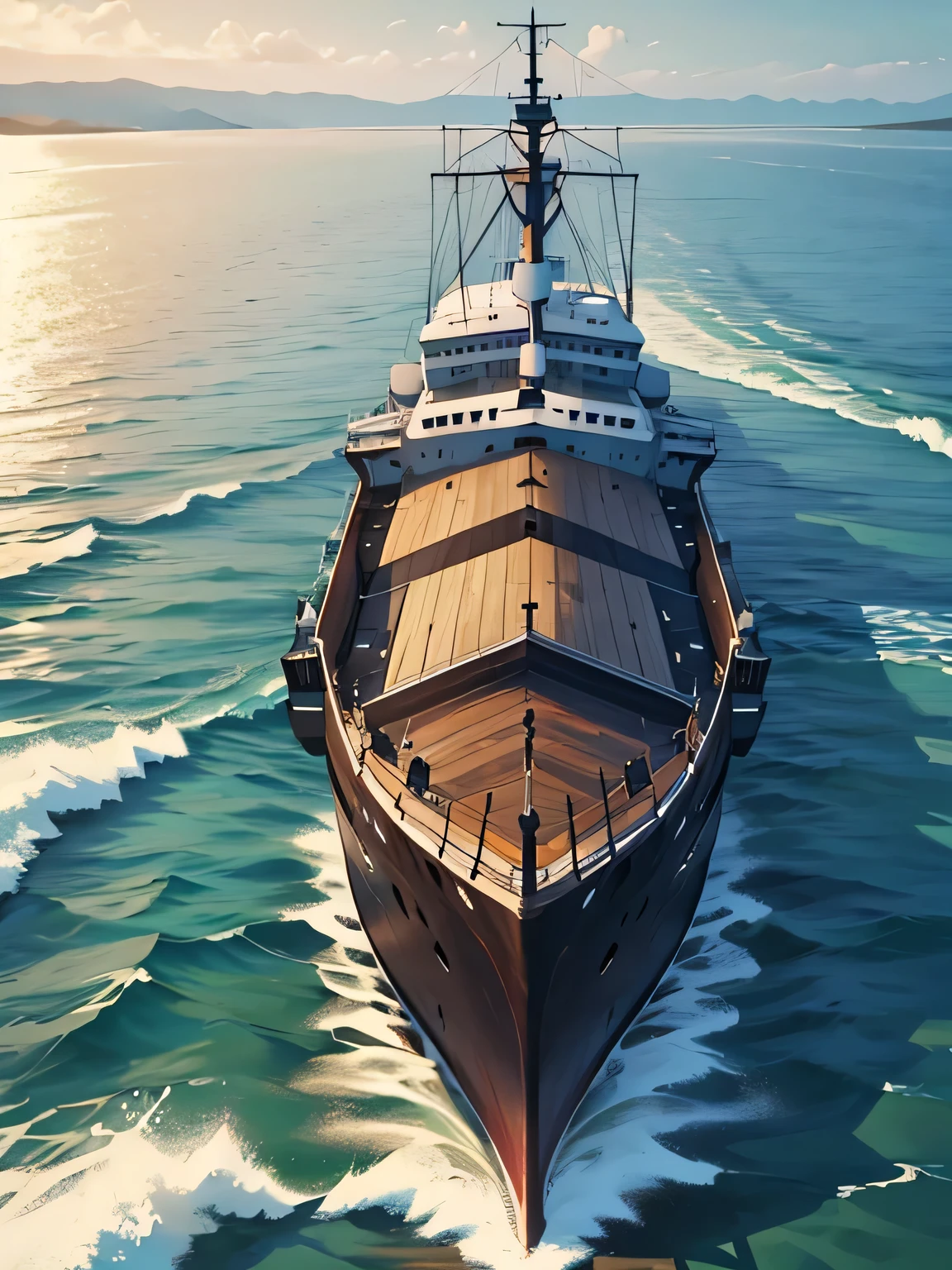 a ship 
which faces forward, so like this only the curve of the front of the ship is visible or what is called the front hull of the ship where the picture is taken from above, the color of the ship's body is brown, textured wood and the top board is wooden