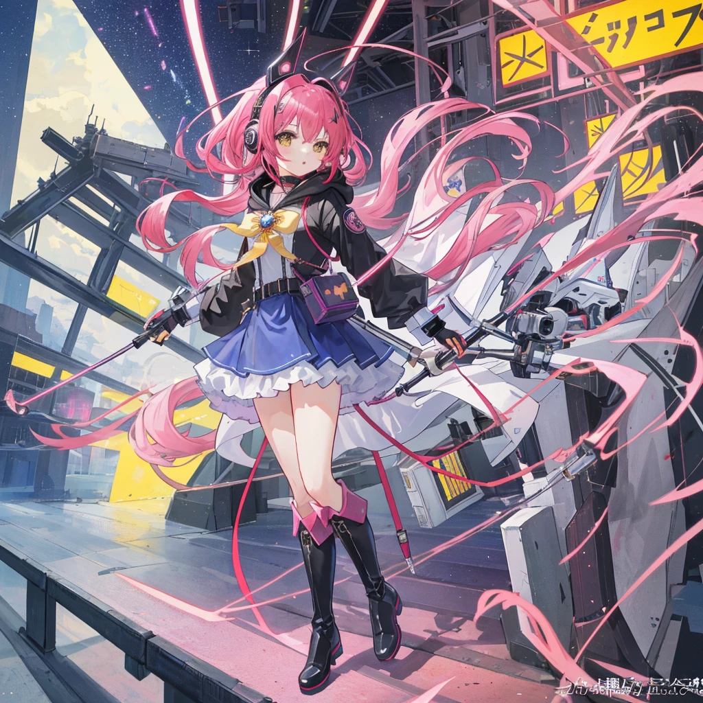 1girl,(((Highest quality、Masterpiece、Official Art、The best dynamic composition、Super detailed)))、Anime Magical Girl、cyber punk、巨大なかわいい💛型の魔法の杖、Cloak with hood、Headphones on head、アイドルの服なのにcyber punk、White long boots、A pouch for holding test tubes on the waist、❤💛、