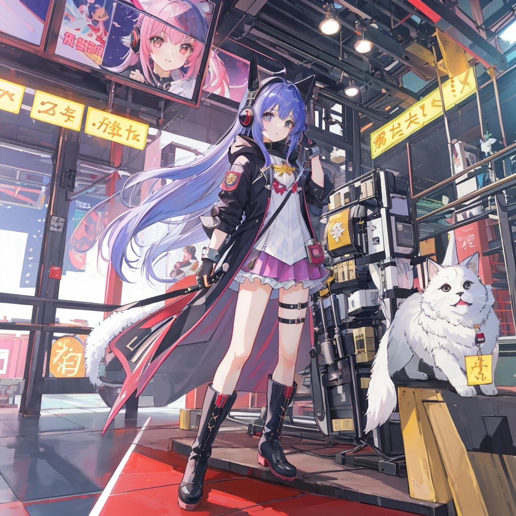 1girl,(((Highest quality、Masterpiece、Official Art、The best dynamic composition、Super detailed)))、Anime Magical Girl、cyber punk、巨大なかわいい💛型の魔法の杖、Cloak with hood、Headphones on head、アイドルの服なのにcyber punk、White long boots、A pouch for holding test tubes on the waist、❤💛、