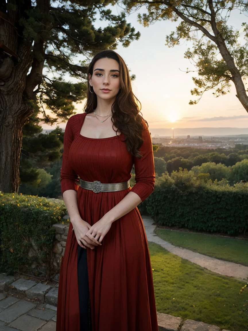 Gorgeous and sultry busty athletic (thin) brunette queen with sharp facial features wearing a modest updo, dark red medieval dress, long sleeves, intricate patterns, scrollwork, wide neck, crown, veil, long dress, modest dress, tight bodice, silver belt, (waist chain), medieval jewelry, Middle Ages, castle, rampart, wall, exterior, on top of a castle wall, trees, countryside, evening, sunset.
