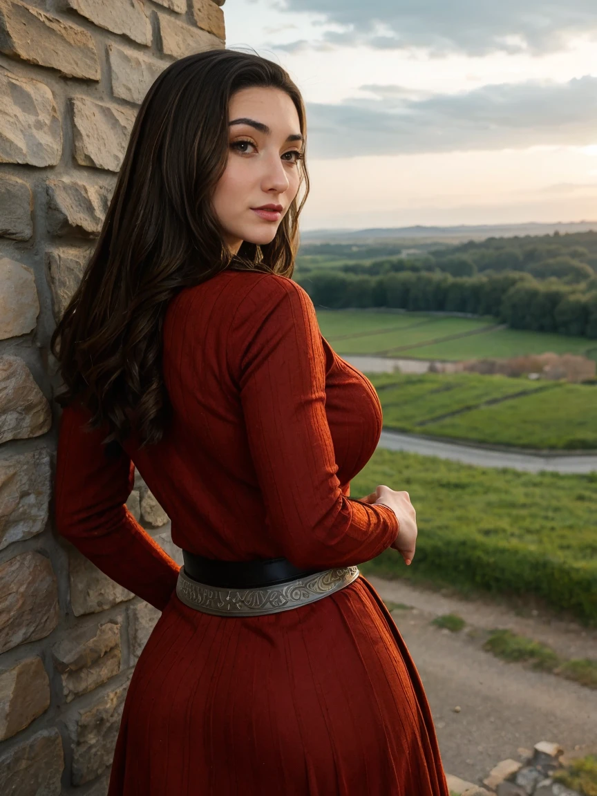 Gorgeous and sultry busty athletic (thin) brunette queen with sharp facial features wearing a modest updo, dark red medieval dress, long sleeves, intricate patterns, scrollwork, wide neck, crown, veil, long dress, modest dress, tight bodice, silver belt, (waist chain), medieval jewelry, Middle Ages, castle, rampart, wall, exterior, on top of a castle wall, trees, countryside, evening, sunset.