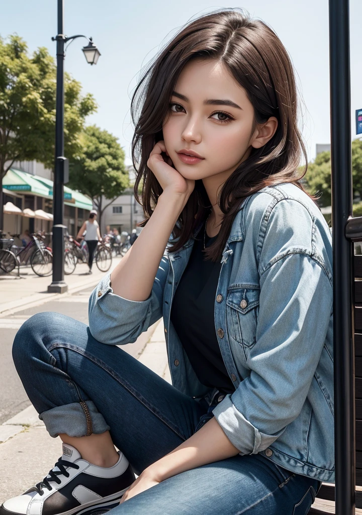 Create a realistic image, the character is a man with short brown hair, brown eyes, fair skin, black blouse, jeans and black sneakers. He sits on a bench in a square with a tired face. Ensure the illustration has a warm and inviting atmosphere, the image is rendered in high definition, capturing the exciting essence of the moment, and the composition exudes cinematic quality, Typography, Concept Art, Photo, Illustration, 3D Rendering, Cinematic , poster, vibrant, portrait photography, that is visually appealing to young people, use vibrant colors.