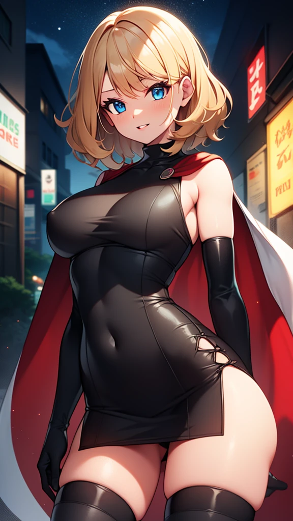 masterpiece, best quality, solo girl, full body, dark blonde hair, blue eyes, short hair, medium breasts, sexy body and face, wavy hair, smile, parted lips, gradient clothes, dress, elbow gloves, sleeveless, bare shoulders, cape, boots, bracelet, sleeveless dress, ribbon, black gloves, turtleneck, short dress, pantyhose, black footwear, night, sexy pose, cowboy shots, detailed body, face, and eyes, sharp focus, vibrant, creative, dynamic, high definition, high resolution, 8k, (Upscale: R-ESRGAN 4x+ Anime6mage enchance:4x), voluptuous body, cinema lightning, dakimakura style, looking at the viewer,