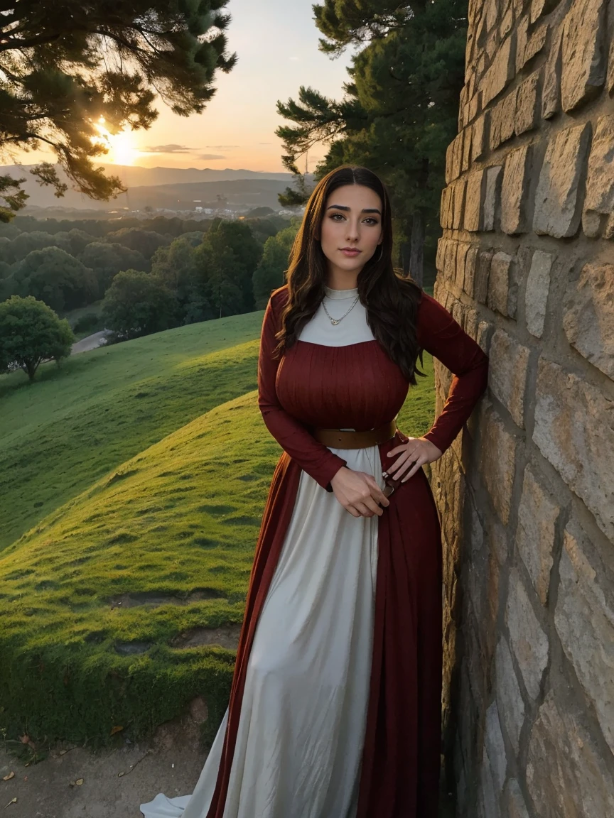 Gorgeous and sultry busty athletic (thin) brunette queen with sharp facial features wearing a modest updo, dark red medieval dress, long sleeves, intricate patterns, scrollwork, wide neck, crown, veil, long dress, modest dress, tight bodice, silver belt, (waist chain), medieval jewelry, Middle Ages, castle, rampart, wall, exterior, on top of a castle wall, trees, countryside, evening, sunset.