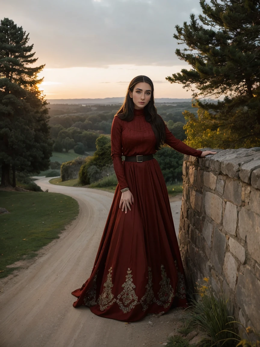 Gorgeous and sultry busty athletic (thin) brunette queen with sharp facial features wearing a modest updo, dark red medieval dress, long sleeves, intricate patterns, scrollwork, wide neck, crown, veil, long dress, modest dress, tight bodice, silver belt, (waist chain), medieval jewelry, Middle Ages, castle, rampart, wall, exterior, on top of a castle wall, trees, countryside, evening, sunset.
