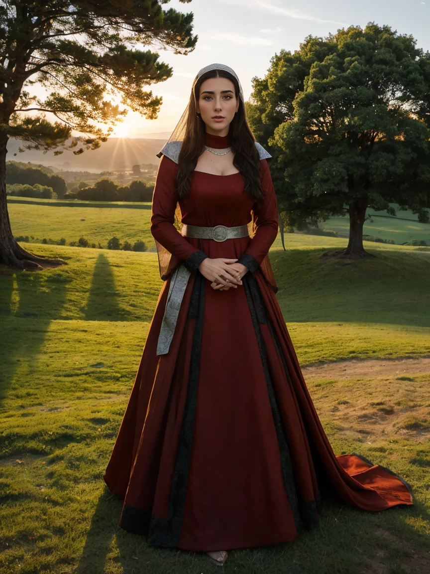 Gorgeous and sultry busty athletic (thin) brunette queen with sharp facial features wearing a modest updo, dark red medieval dress, long sleeves, intricate patterns, scrollwork, wide neck, crown, veil, long dress, modest dress, tight bodice, silver belt, (waist chain), medieval jewelry, Middle Ages, castle, rampart, wall, exterior, on top of a castle wall, trees, countryside, evening, sunset.